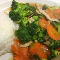 Broccoli Delight · Stir-fried with broccoli, carrots and garlic. Served with rice.