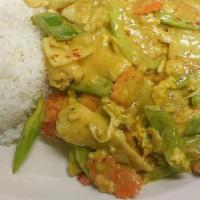 Stir-Fried Curry · Egg, bell pepper, carrots, onion, celery, coconut milk and curry powder. Served with rice.