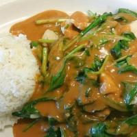 Swimming Rama · Sautéed with garlic and spinach, topped off with our creamy house peanut sauce. Served with ...