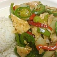 Chili Delight · Spicy. Stir-fried meat of your choice with sliced jalapeños, onions and bell peppers in hot ...