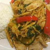 Spicy Bamboo · Spicy. Stir-fried bamboo shoots with zucchini, bell pepper and Thai basil in red curry paste...