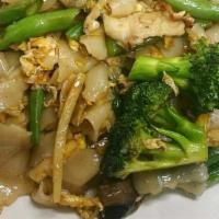 Pad Kee Mao (Drunken Noodles) · Pan-fried fresh wide rice noodles with egg, broccoli, mushrooms, bell pepper, green beans, b...
