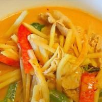 Red Curry · Gluten free, spicy. Red curry paste with coconut milk, Thai basil, bamboo shoots and bell pe...