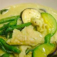 Green Curry · Gluten free, spicy. Green curry paste with coconut milk, Thai basil, eggplant, green beans a...