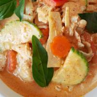 Red Curry  · Thai palm signature red curry paste, bell peppers, zucchini, bamboo shoots, and Thai basil. ...