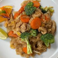 Pad Ke Mow (Drunken Noodles) · Drunken noodles. Thai palm signature pad ke-mow sauce, with broccoli, carrots, onions, egg, ...