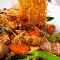 Pad Woon Sen · Glass noodles stir-fried with fresh cabbage, broccoli, carrots, egg, tomato, green onions, a...