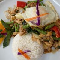 Pad Kha Pow (Spicy Basil Chicken) · Spicy basil chicken. Thai basil stir-fry with Thai chili peppers, bell peppers, garlic, gree...