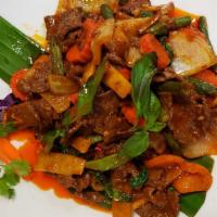 Pad Ped (Spicy Curry Chicken) · Spicy curry chicken. Thai palm signature curry paste, bamboo shoots, bell peppers, green bea...