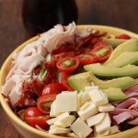 Chef Salad · Romaine, roasted turkey, smoked ham, crisp bacon, avocado, grape tomato, cheddar cheese. Try...