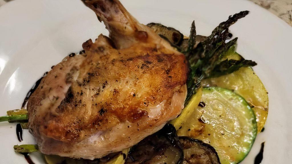 Grilled Seasonal Vegetables & Chicken · Mary’s airline chicken breast. erbe fini. vin cotto.