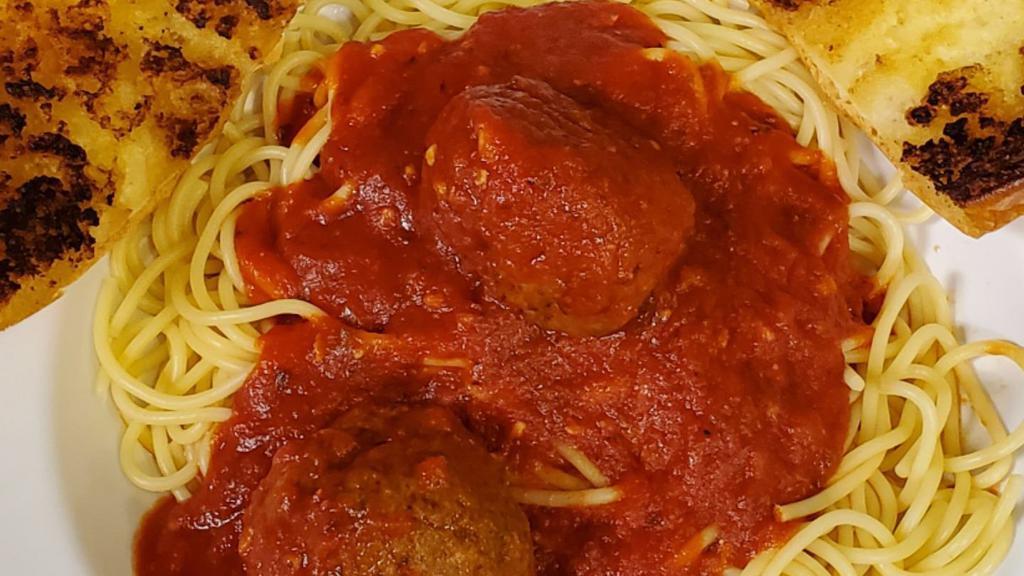 Spaghetti Dinner · Our fresh house made spaghetti sauce, handmade meatballs, garlic bread and dinner salad! Choose your size.