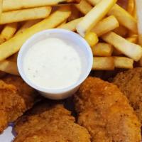 Chicken Strip Basket · Home style breaded chicken strips served as a 4 count.