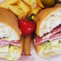 Hoagie · Freshly sliced Italian salami, deli style baked ham, pro and swiss cheeses. Served on a mini...