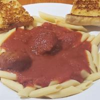 Rigatoni Dinner · Our fresh house made spaghetti sauce, handmade meatballs, garlic bread and dinner salad! cho...