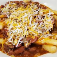 Red Chili Chz Fries · Our premium french fries smothered in red chili topped with shredded cheese.