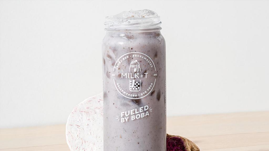 Know Your Roots · Almond Milk + Real Taro Root and Purple Yam + Cane Sugar 

(Disclaimer: We use real taro root and purple yam, resulting in a much more natural and earthy tasting taro drink. If you're used to the powdered taro, this might not be the drink for you.)