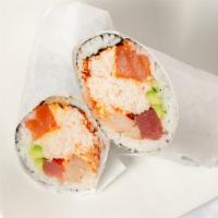 Spicy Rainbow · Fresh tuna, salmon, yellowtail, crab salad, avocado, Japanese spicy seasoning. Best choice f...