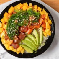 House Poke Bowl · Seasoned salmon & tuna over sushi rice with avocado, mango and seaweed salad.