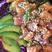 Teriyaki Salmon Bowl · Pan seared fresh salmon with thick teriyaki glaze sauce over rice, pot sticker and steamed v...