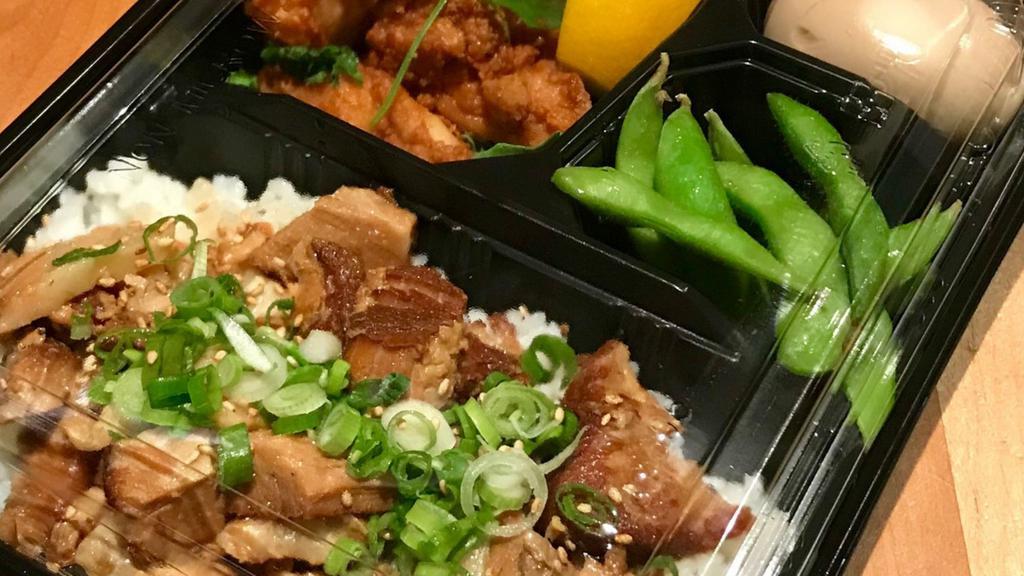 [Bento (D) Chashu G] · Santouka Bento Box comes with pork belly rice, karaage, edamame and Ajitama.