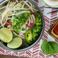 Rare Steak Rice Noodle Soup · Rice noodle soup. Served with beansprouts, basil, lime and jalapeño.
