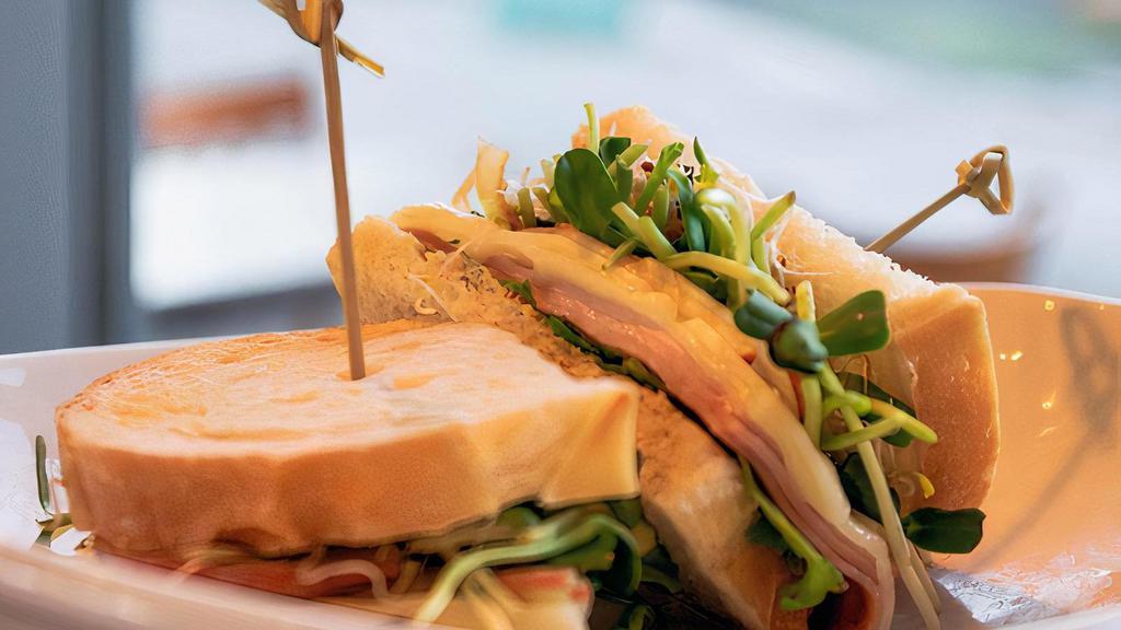 Ham And Cheese Melt · Grilled cheese sandwich with ham and apple slices on toasted sourdough bread with a dijon mustard spread and added sunflower microgreens and alfalfa.