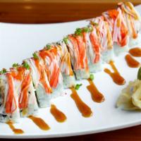 Rock & Roll · Shrimp tempura, avocado, on top with crabmeat, eel sauce, and spicy mayo.