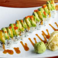 Dragon Roll · Shrimp tempura, avocado, cream cheese, roe, and spicy mayo topped with eel sauce.