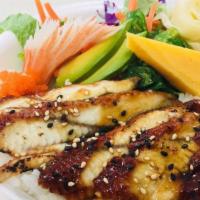 Chicken Teriyaki · Grilled chicken served with steamed mix vegetables and teriyaki sauce.