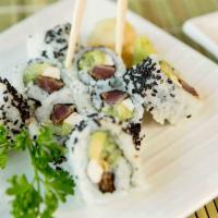 Blackened Tuna Roll · Avocado, cream cheese, cucumber seared tuna and black sesame seeds