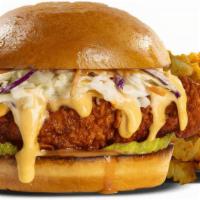 Cheesy Chicken Sandwich Meal · All Sandwiches are Served on a Brioche Bun w/ Pickles, Slaw, House Sauce, and Fries