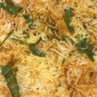 Chicken Biryani · Gluten free. Chicken, basmati rice, yogurt, onions, saffron, herbs and spices. Served with r...