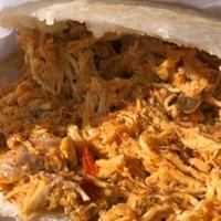 Grilled Chicken Arepa Plate · Grilled Chicken Two Arepas, Black Bean Chili, Grilled Peppers and Onions