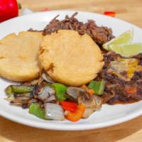 Chopped Brisket Arepa Plate · House Smoked Beef Brisket, Two Arepas, Black Bean Chili topped with cheese, Grilled Peppers ...