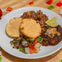 Pulled Pork Arepa Plate · House Smoked  Pulled Pork, Two Arepas, Black Bean Chili topped with cheese, Grilled Peppers ...