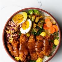 Chicken Katsu  Bowl · rice, boiled egg, avocado, scallions, pickled veggies, passionfruit katsu sauce