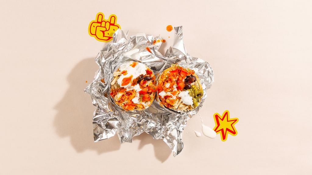 Shredded Chicken Wham! Burrito · House burrito with shredded chicken, Mexican rice, pinto beans, pico de gallo and salsa.
