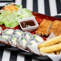 Chicken Katsu · Serving with rice and salad.