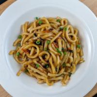 Thick Noodle Stir Fry · Thick wheat noodles stir fried with savory sauce.


---
Contain wheat, soy, and seafood prod...