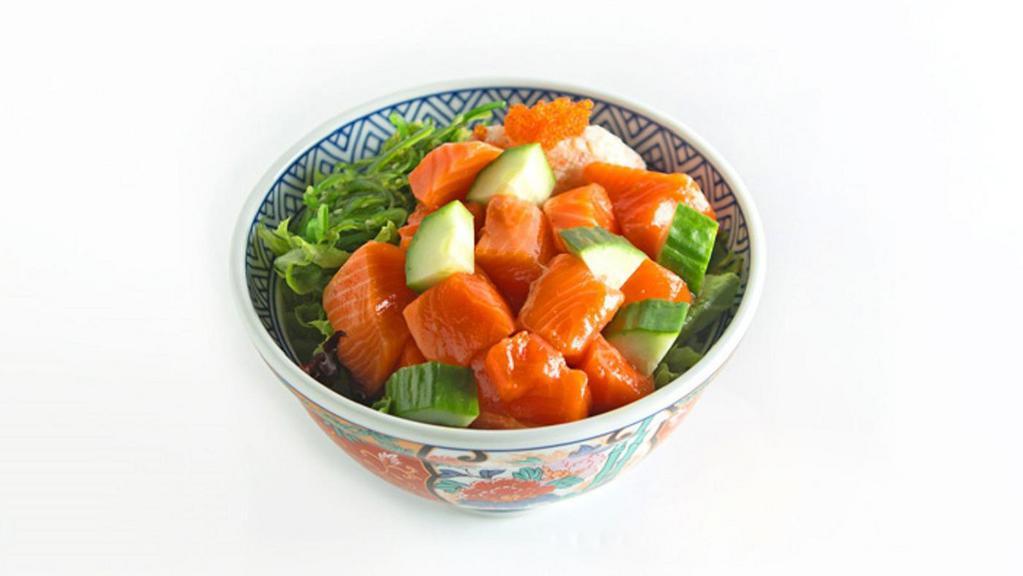 Salmon Poke · Salmon, crab salad, seaweed salad, cucumber, masago choice of sauce: yuzu (Japanese citrus) soy or sweet spicy.