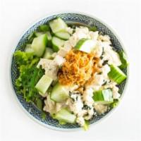 Tofu Poke (V) · Tofu, fried bean curd, seaweed salad, cucumber choice of sauce: yuzu (Japanese citrus) soy o...