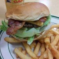 Bacon Burger · 1000 Island, lettuce, tomato, onion, pickles.