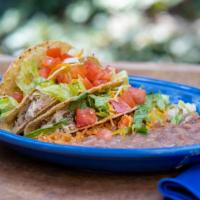 Taco Plate · Three folded or rolled tacos with refritos, your choice of beef or chicken, topped with lett...