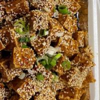 Sesame Fried Tofu · Fried tofu with sesame seeds in a special sweet sesame sauce. Spicy.
