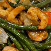 Green Bean With Prawns · Green beans with carrots and white onion in black bean sauce.