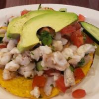 Tostada De Ceviche · Cooked shrimp with lemon pico de gallo and avocado 

camaron marinado con limon y pico de ga...