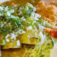 Lunch Enchiladas · two enchiladas with your favorite green or red sauce accompanied with bean rings and chicken...