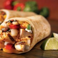 Chicken Burrito · Grilled chicken, guacamole, beans, pico de gallo, and cheese all wrapped up in a warm flour ...