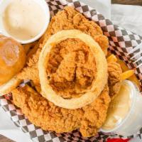 1/2 Chicken Strip Dinner · Chicken half dinners include two strips of chicken and half order of fries, one onion ring, ...